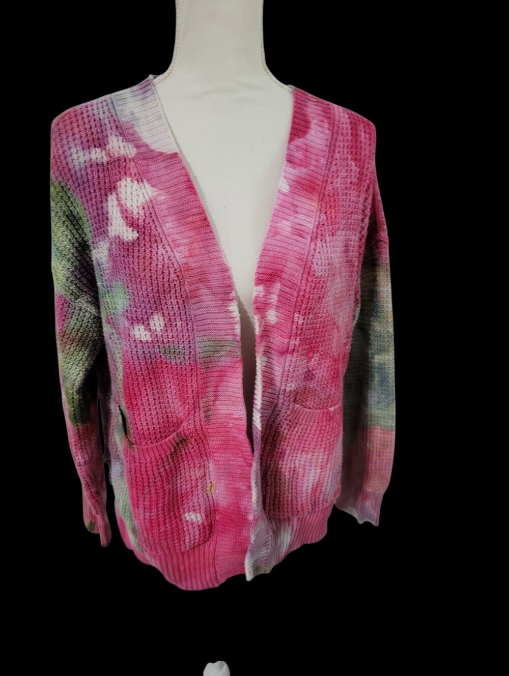 Unique Hand Dyed Cotton Knit Cardigan Small Fairy Cottagecore Cozy Pink Green